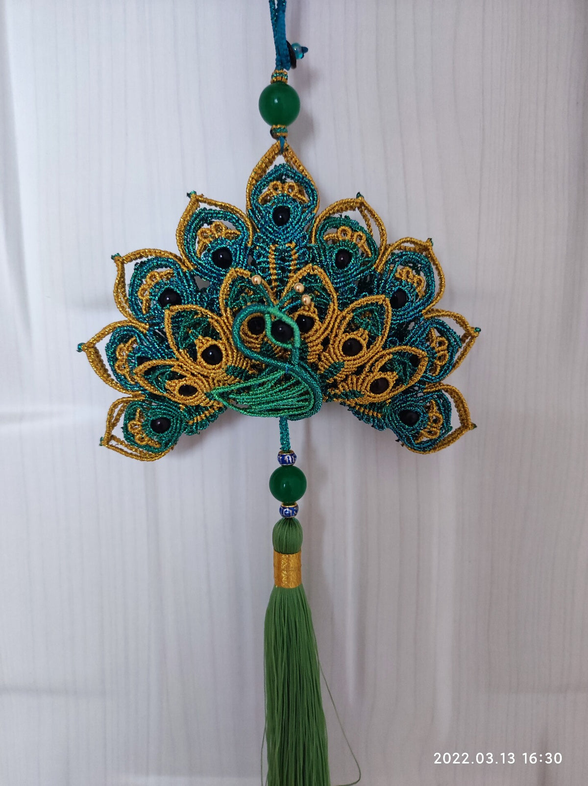 Teal Gold Macrame Peacock Car Hanging Ornament