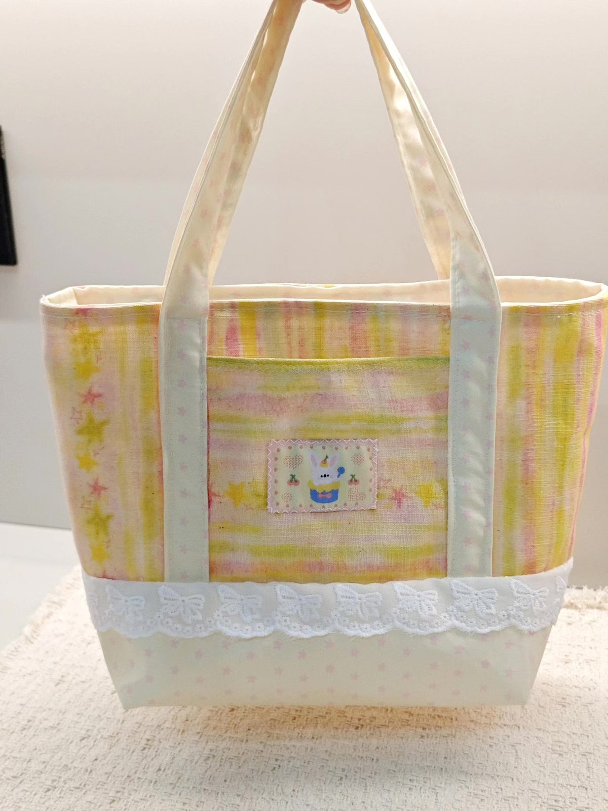 Handwoven Tote Bag Pink Yellow Striped Stars