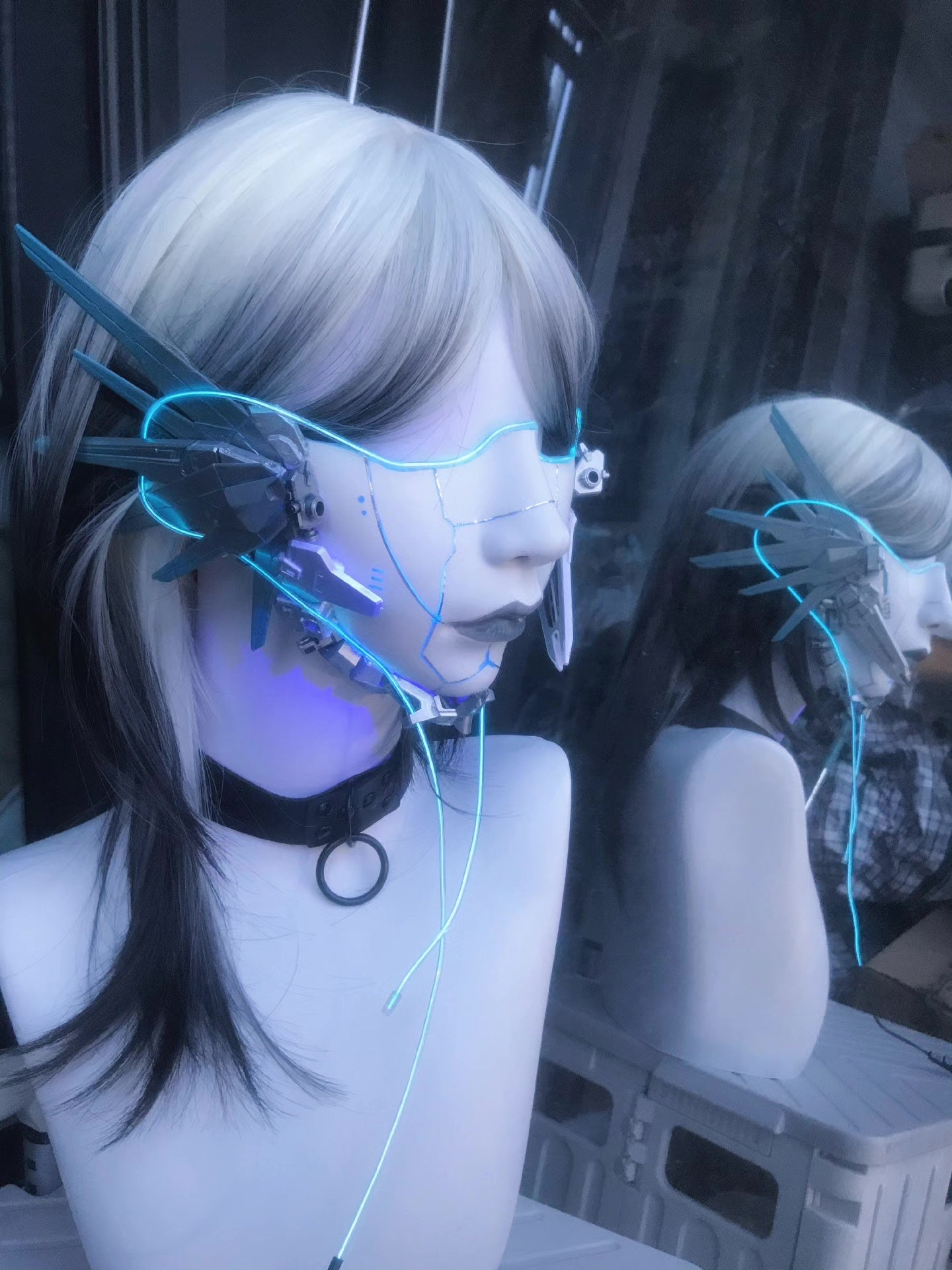 Cyberpunk Half-Face Mask with Cyan Fiber Optic Lighting