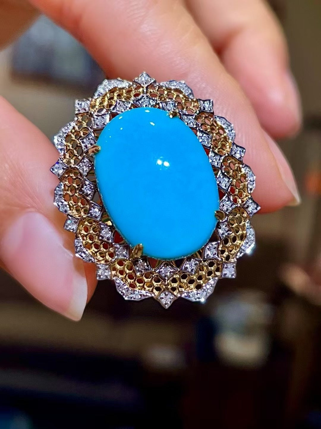 18K Two-Tone Gold Ring with Oval Cabochon Blue Stone and Diamond Halo