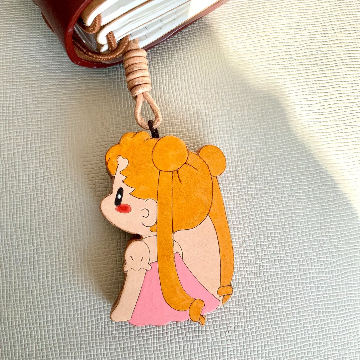 Two Thick Leather Keychain Pendants: Black Cat and Blonde Girl