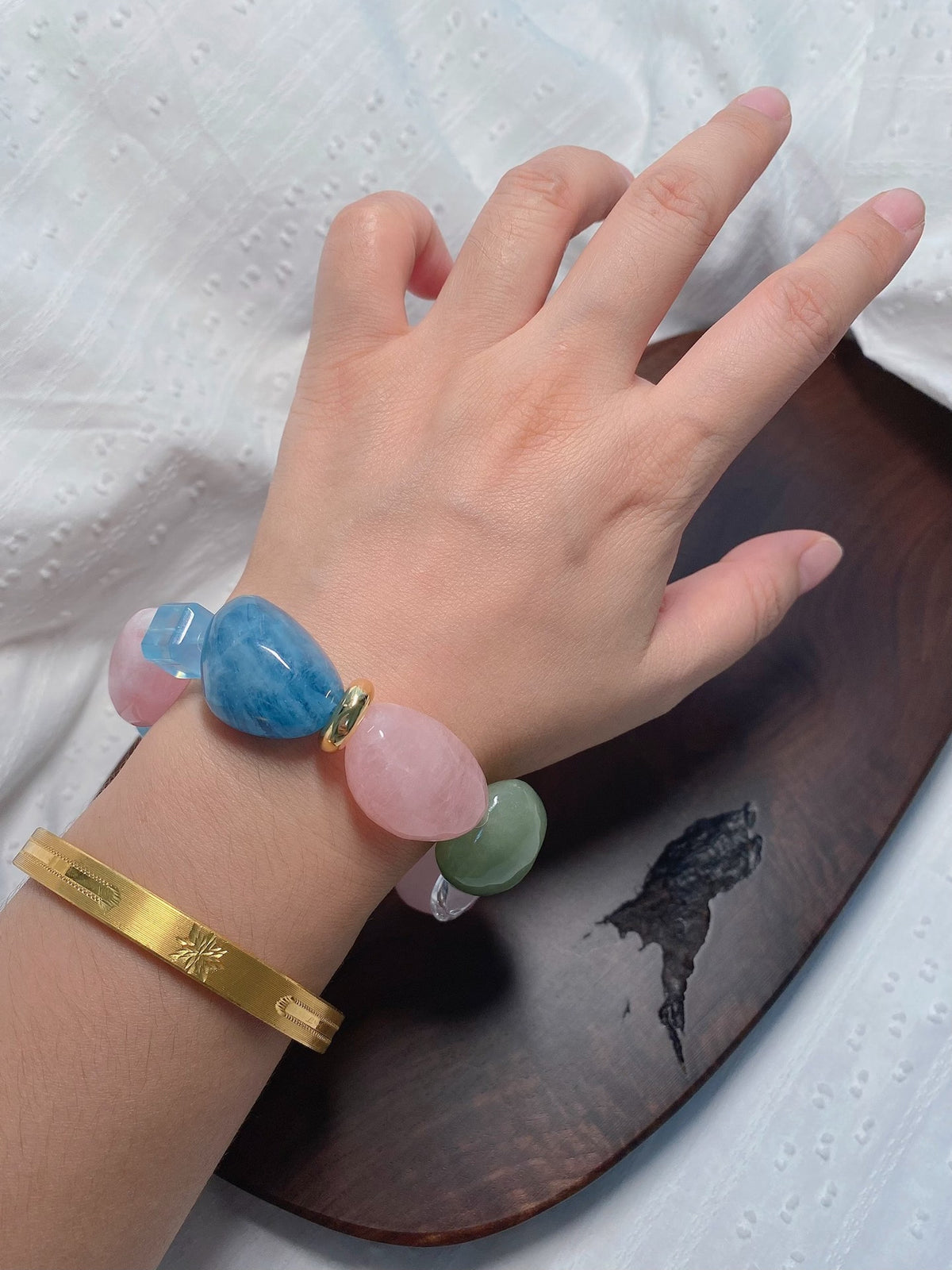 Morganite White Quartz Aquamarine Bracelet