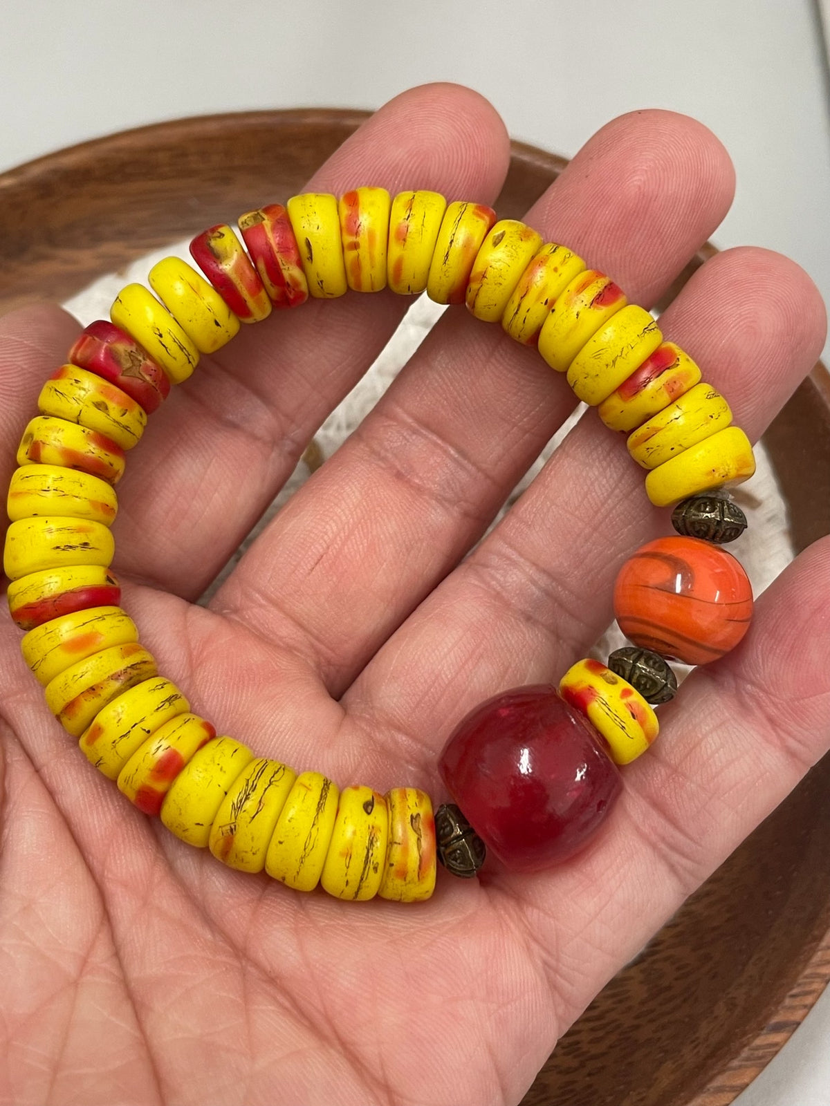 Vintage Glass Bead Bracelet Yellow Red Orange