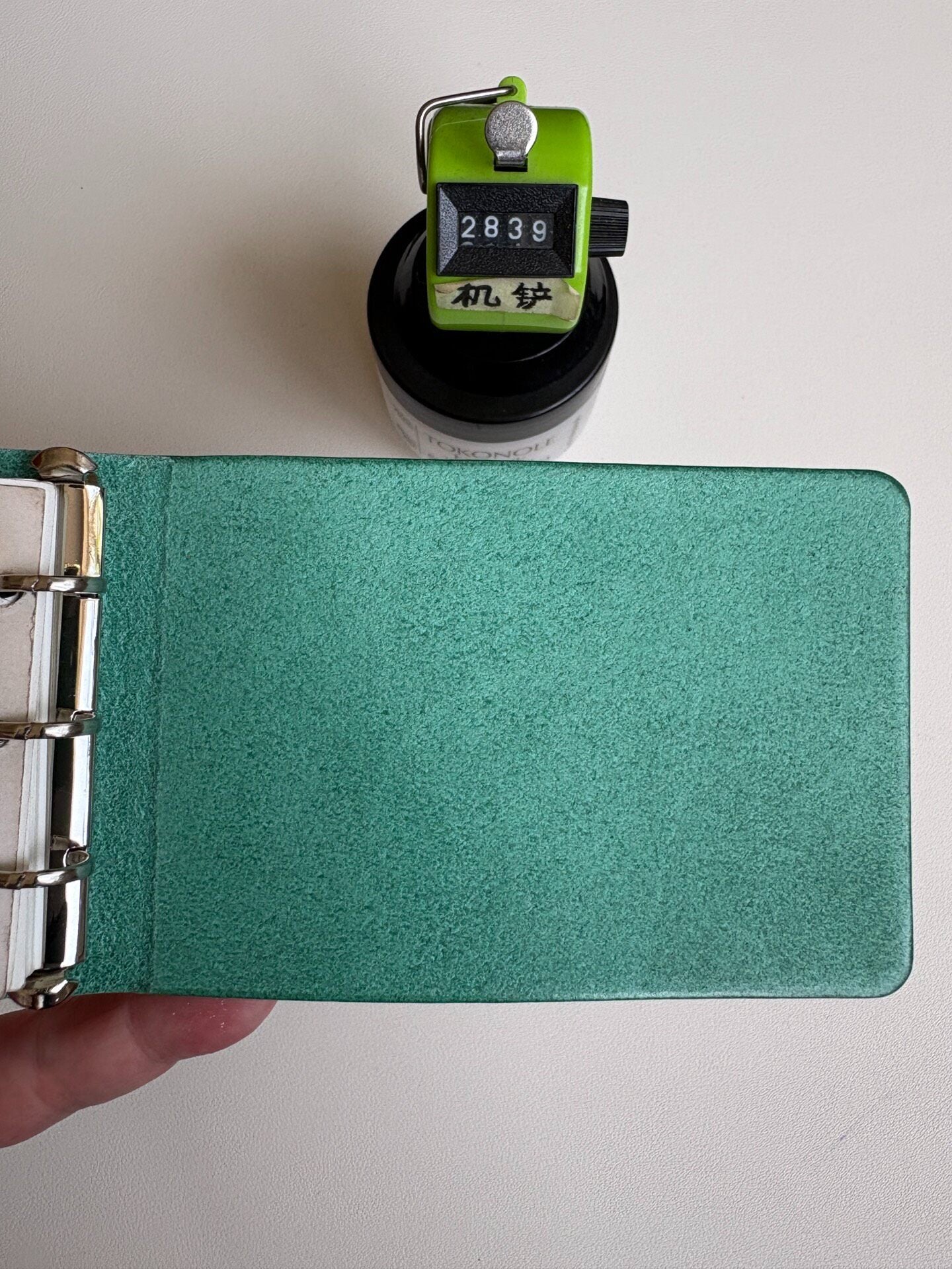 Mint Green Leather Notebook with Three-Ring Binding, 105x67mm