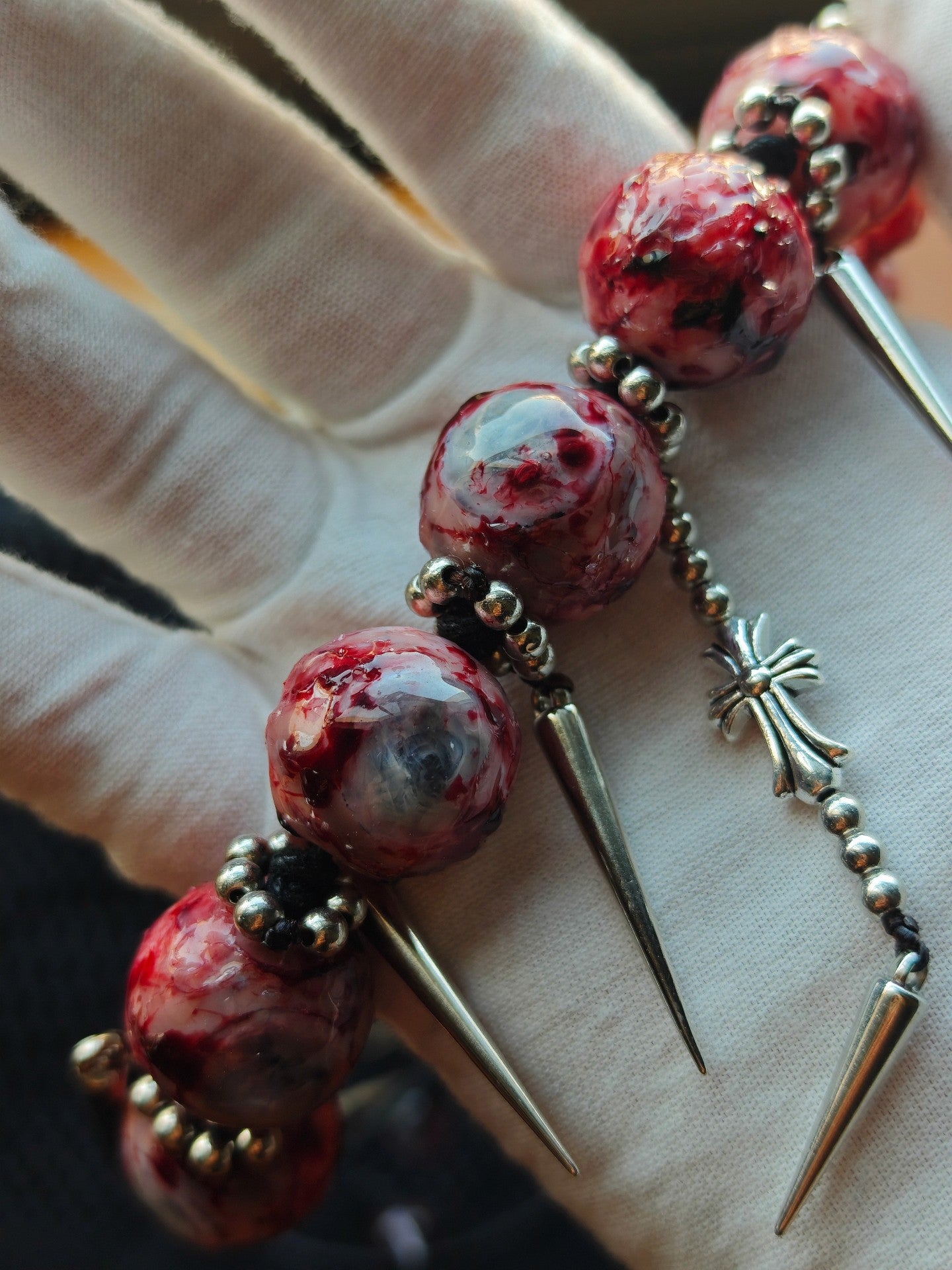 Cthulhu Eye Custom Clavicle Necklace with Resin Beads and Metal Spikes