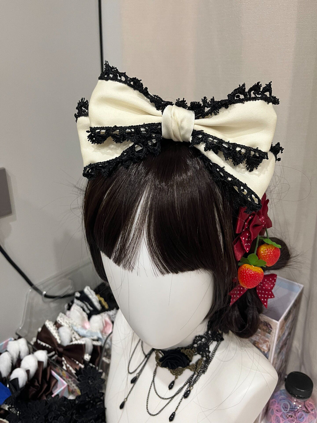 Lolita Headbow Cream Bow Black Lace Trim