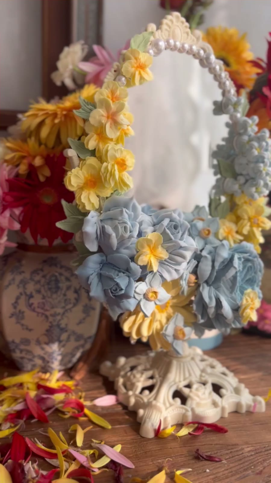 Clay Flower Oval Decorative Mirror