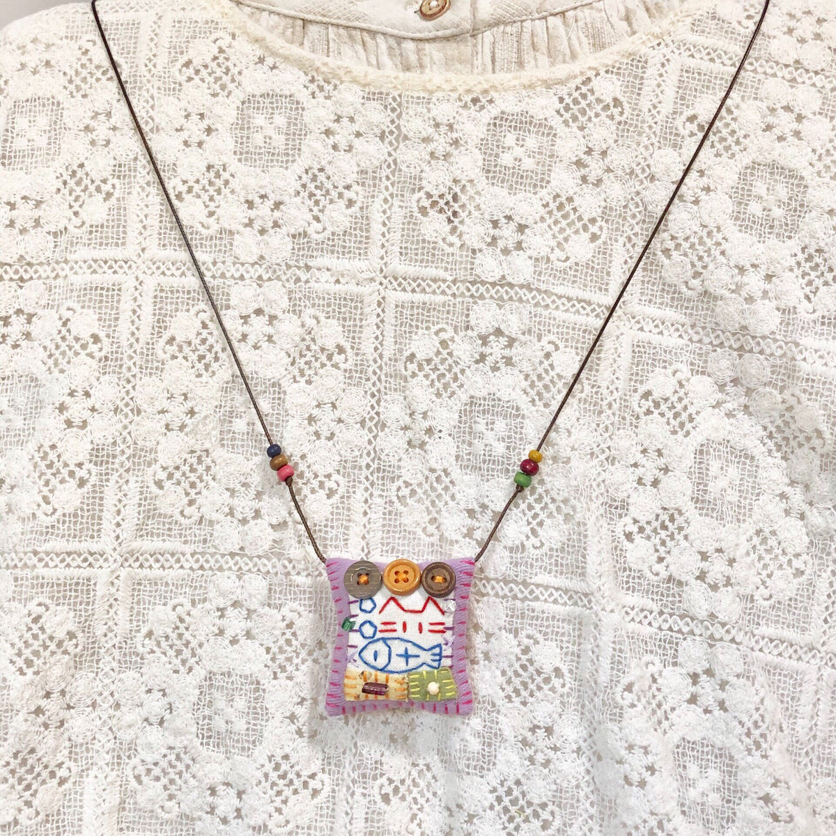 Handmade Fabric Cat and Fish Pendant Necklace