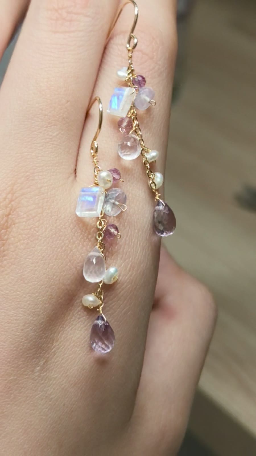 ムーンストーンパール ピンクジェムーン ドロップピアス