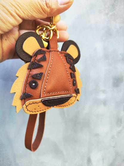 Genuine Leather Tiger Head Keychain with Gold-Tone Hardware