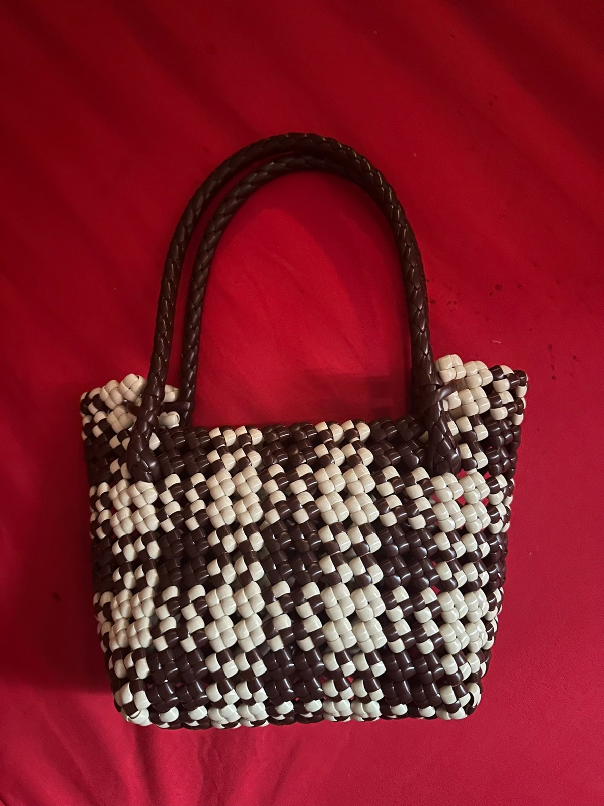 Sac Cabas en Rotin Tissé Carreaux Café et Thé Laité