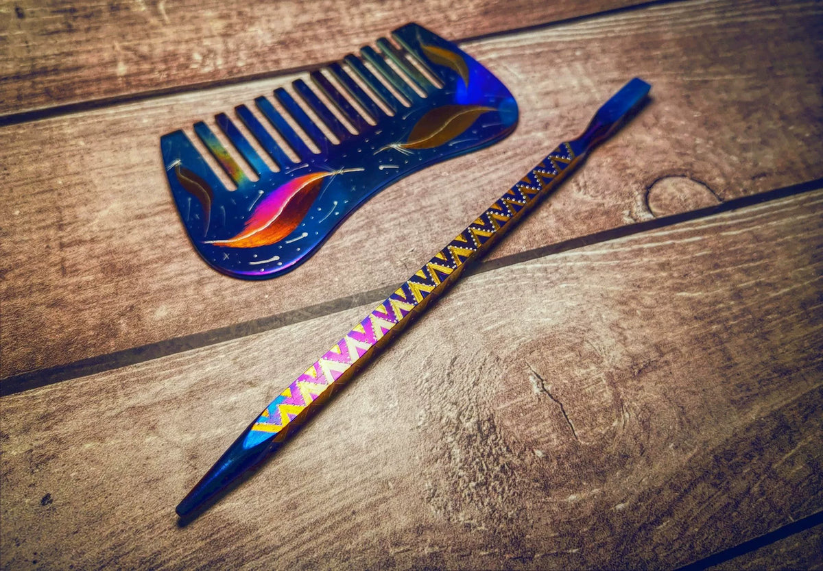 Hand Painted Blue Resin Hair Comb and Stick Set