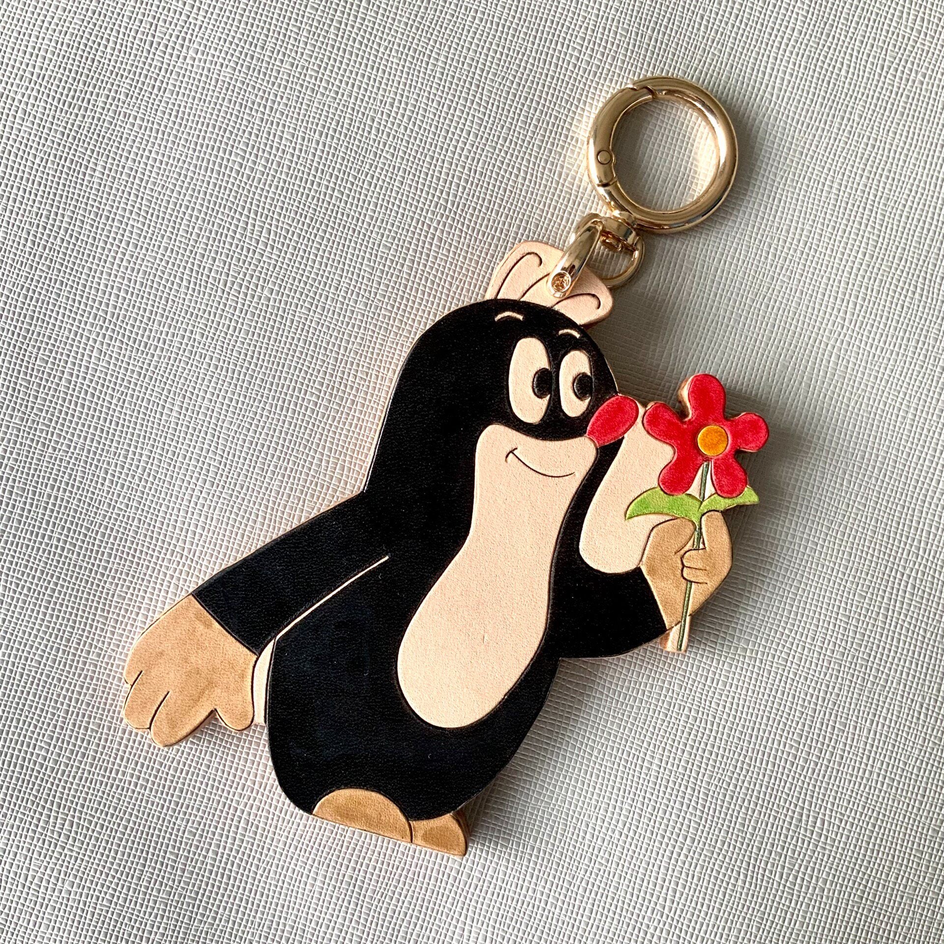Large Leather Keychain - The Little Mole Design with Flower