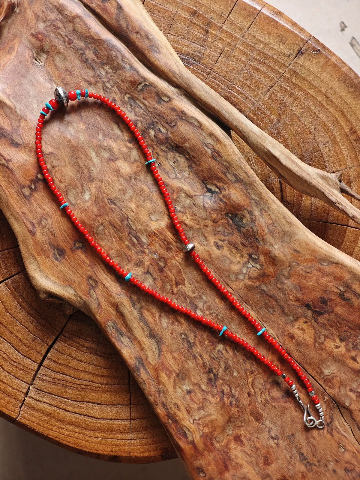 925 Silver Navajo Hand Hammered Turquoise Glass Bead Necklace