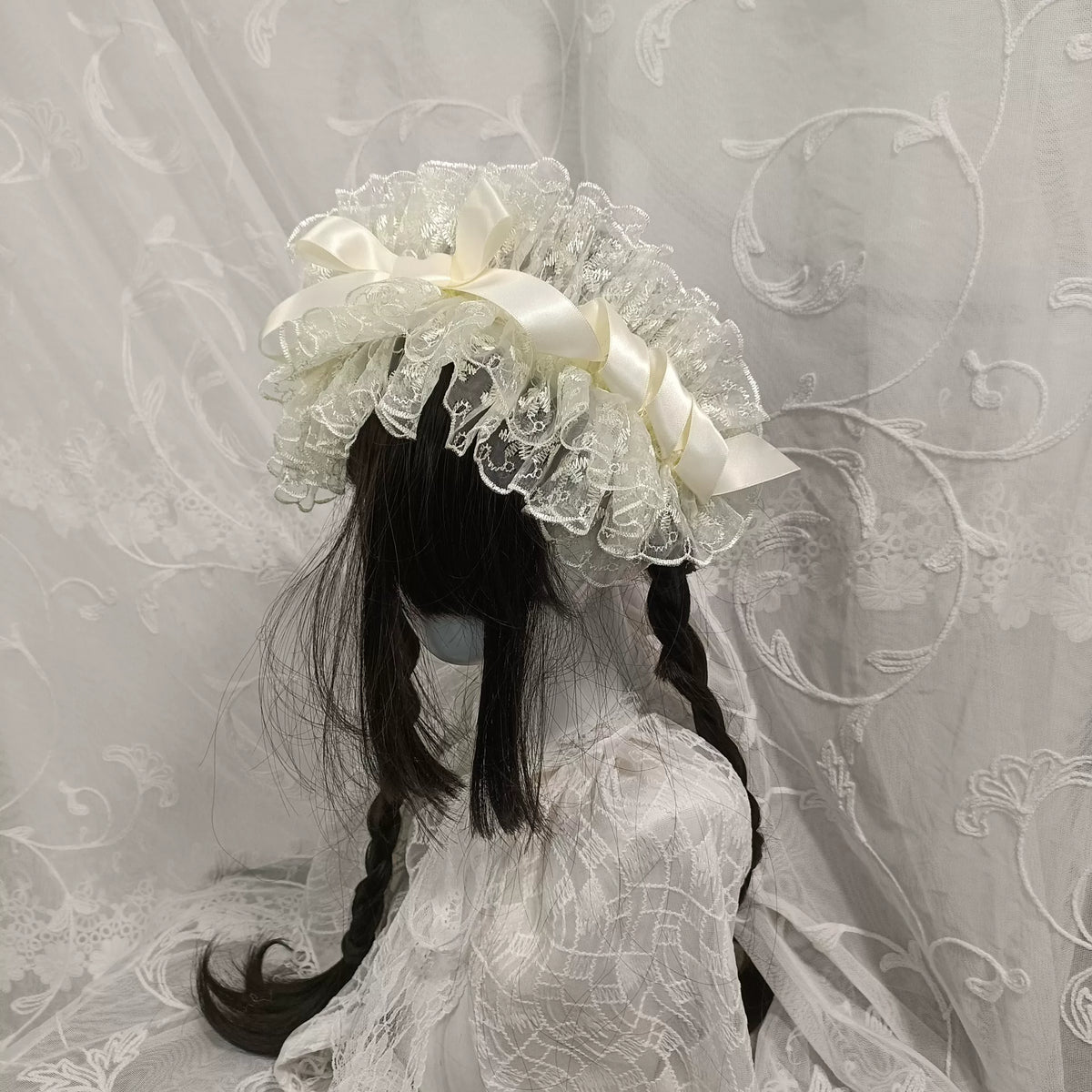 Ivory Lace Ruffle Headband with Satin Ribbon