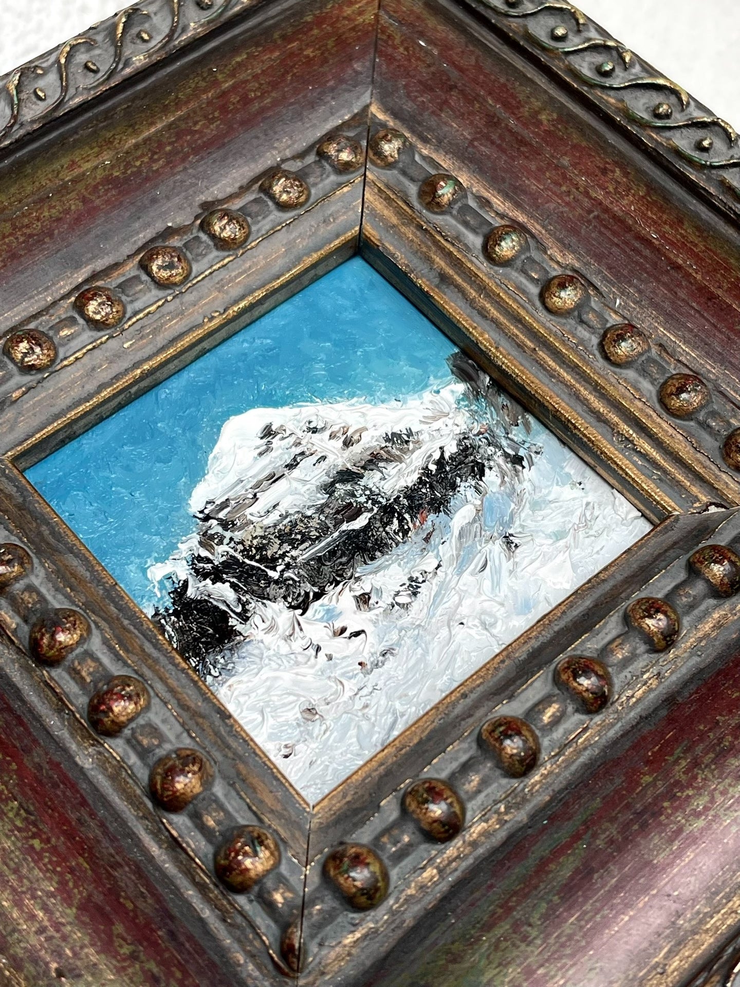 Impasto Oil Painting of Snow-Capped Mountain, 8x8cm, Vintage Wood Frame