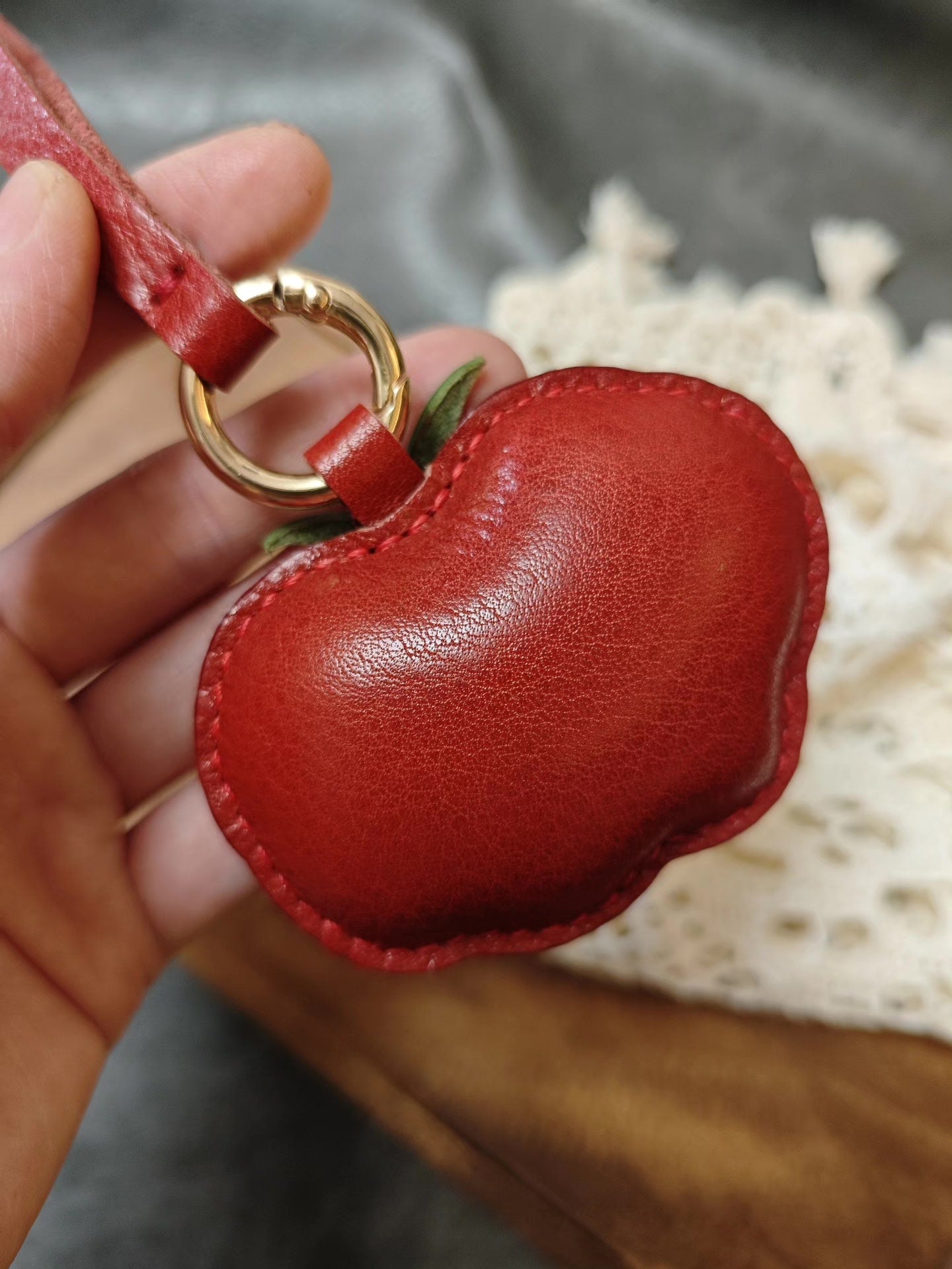 Tomato Leather Keychain with Green Calyx and Gold Ring