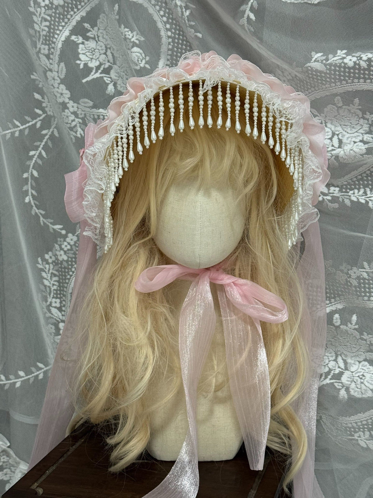 Reversible Pink Pearl Trim Bonnet Headpiece