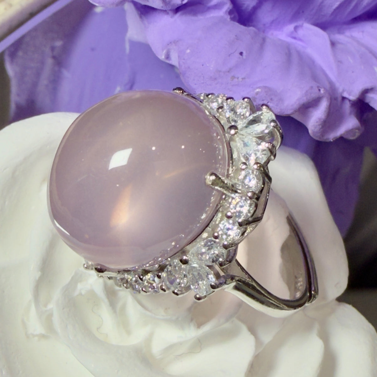 Pink Crystal Cabochon 925 Silver Ring