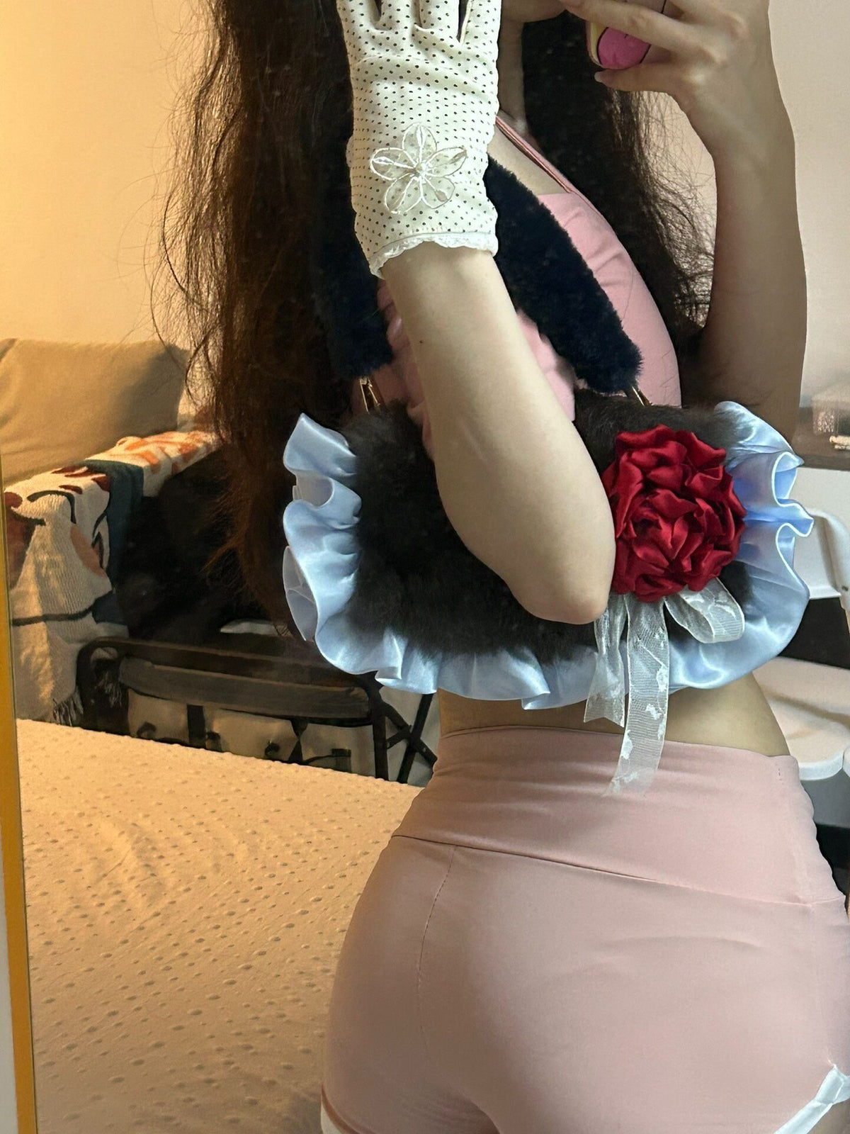 Genuine Rabbit Fur Handbag with Satin Flower