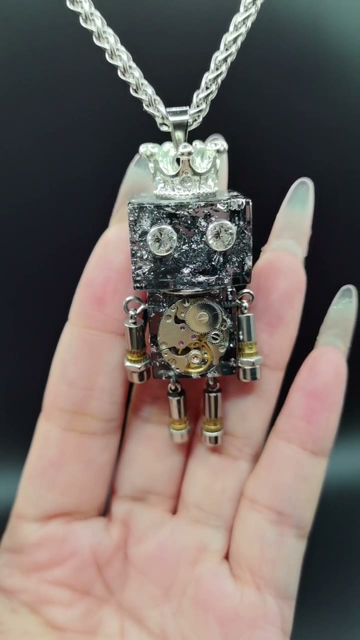 Handmade Punk Robot Pendant Necklace with Crown