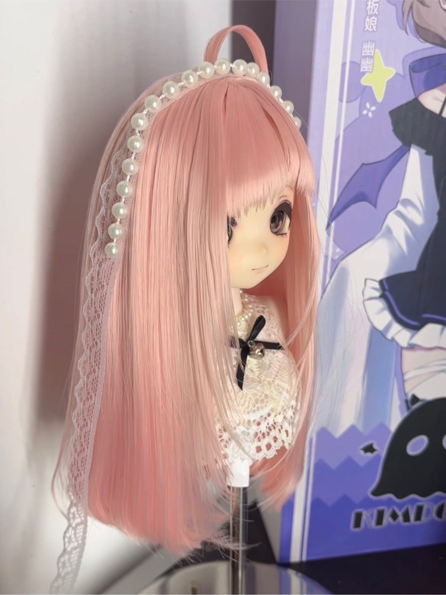Doll Wig Pastel Pink With Pearl Headpiece