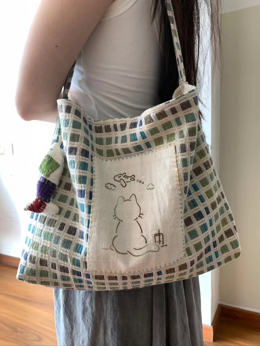 Handcrafted Cotton Linen Shoulder Bag Cat Embroidery
