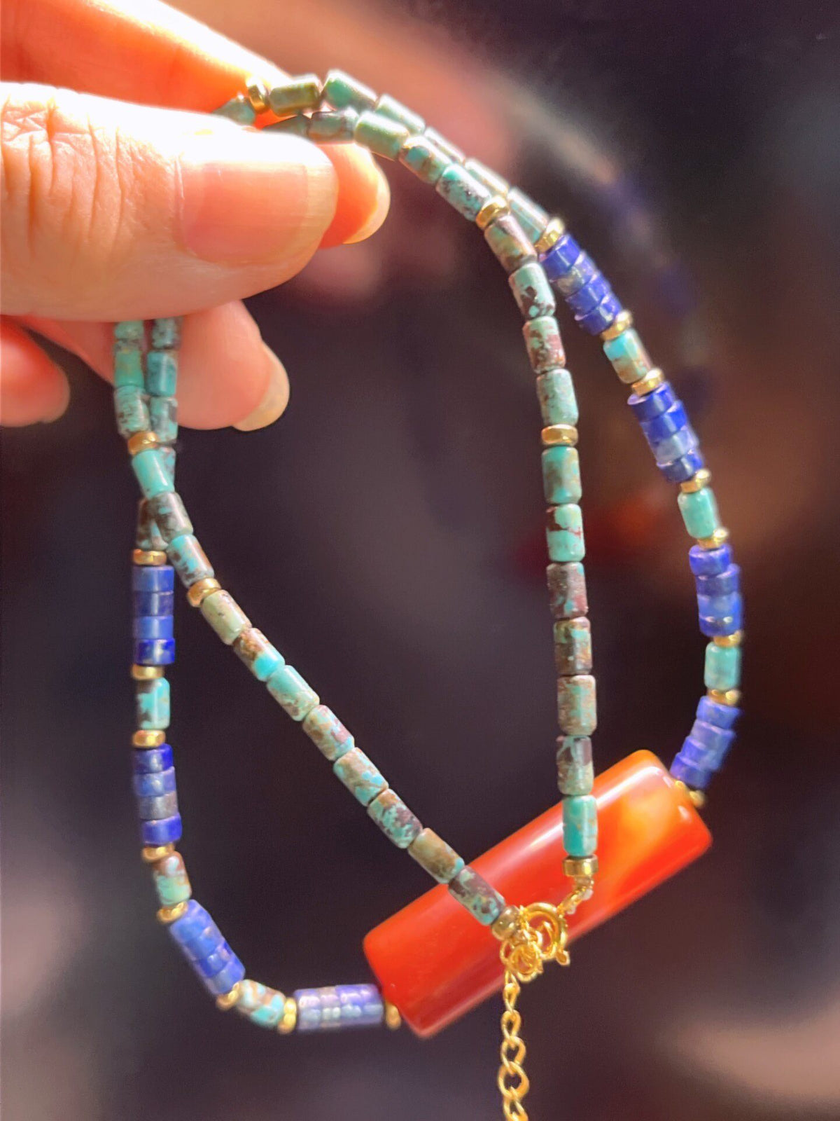 Natural Turquoise Lapis Agate Beaded Necklace