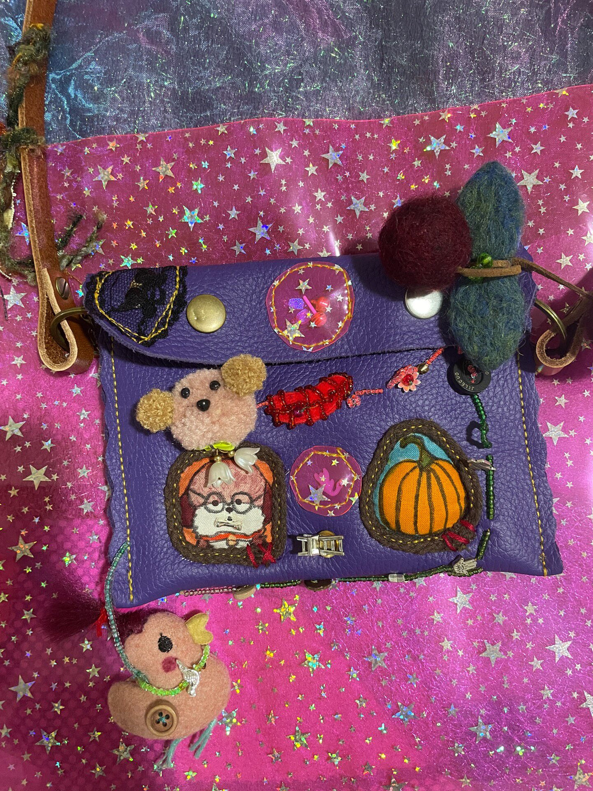 Purple Leather Crossbody Bag with Embellishments