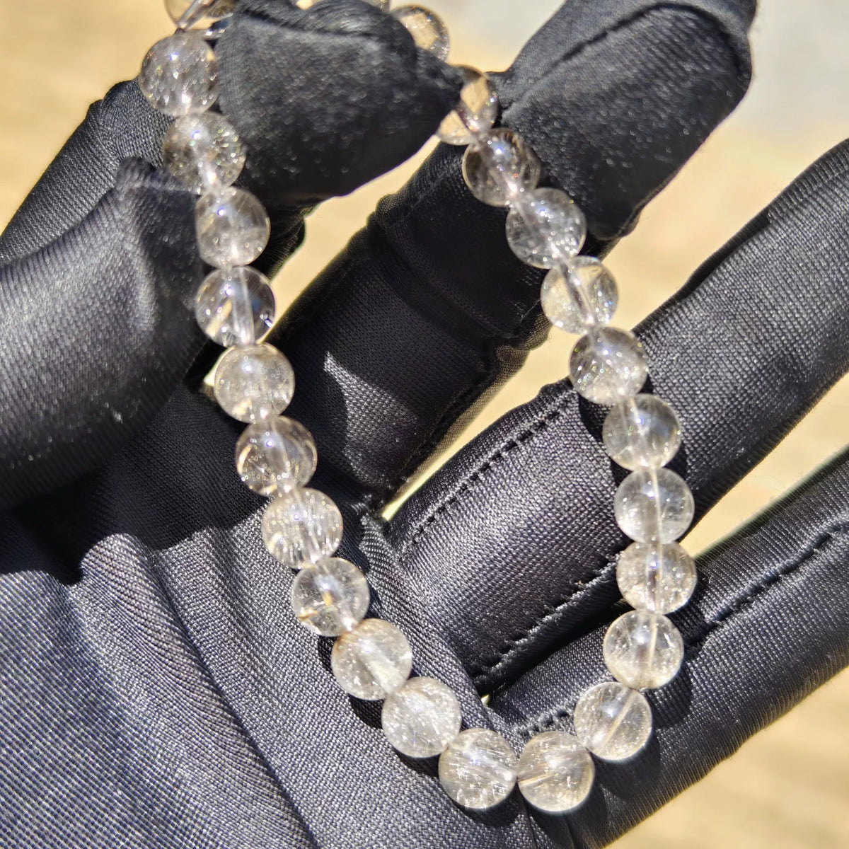 Pulseira de Contas de Quartzo Rutilado Natural Prata 6,8mm
