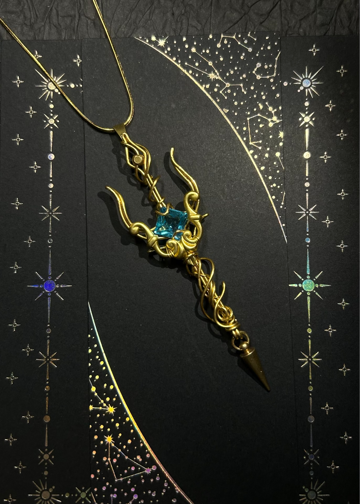 Brass Wire Wrapped Pendant with Aqua Zircon