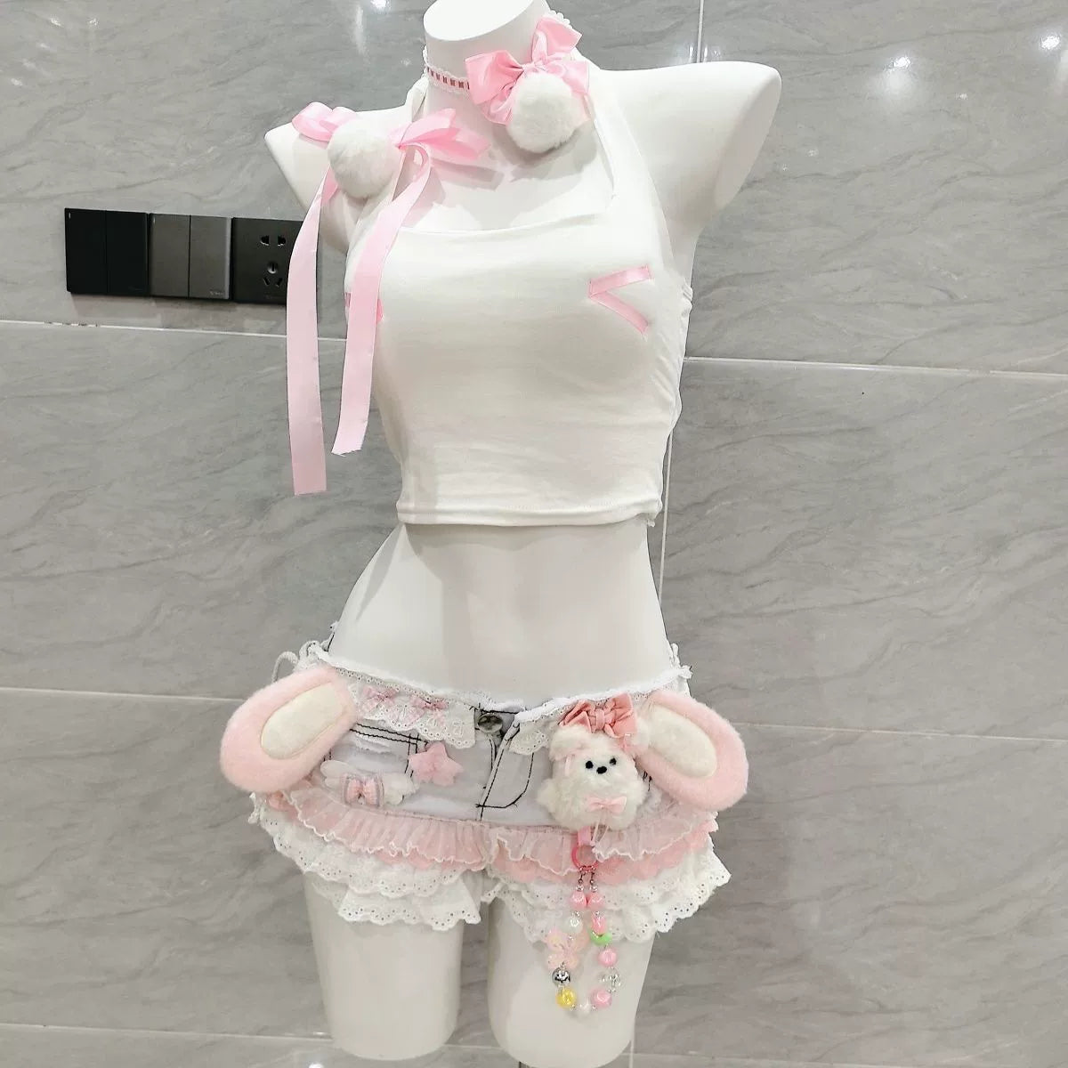 Pink White Plush Bunny Girl Two Piece Set
