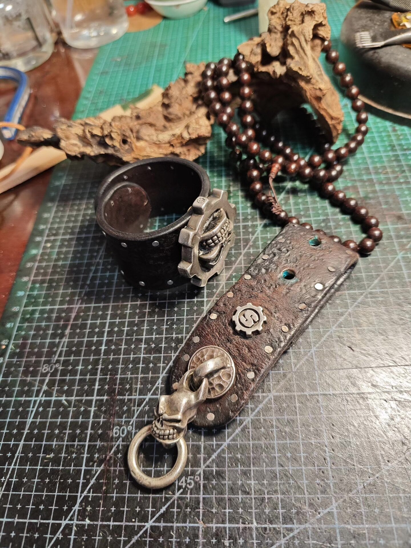 Steampunk Leather Cuff Bracelet with Skull and Gear Emblem