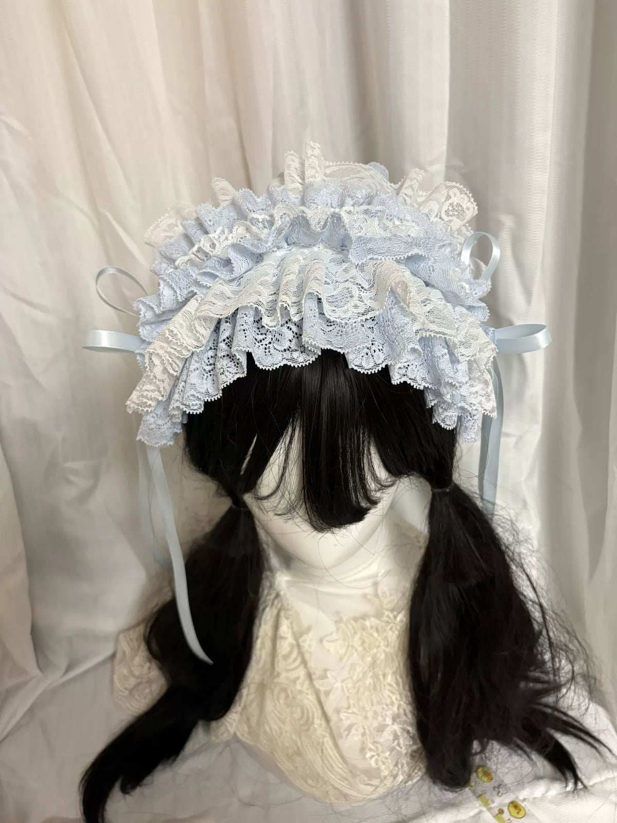 Handmade White and Light Blue Lace Bonnet
