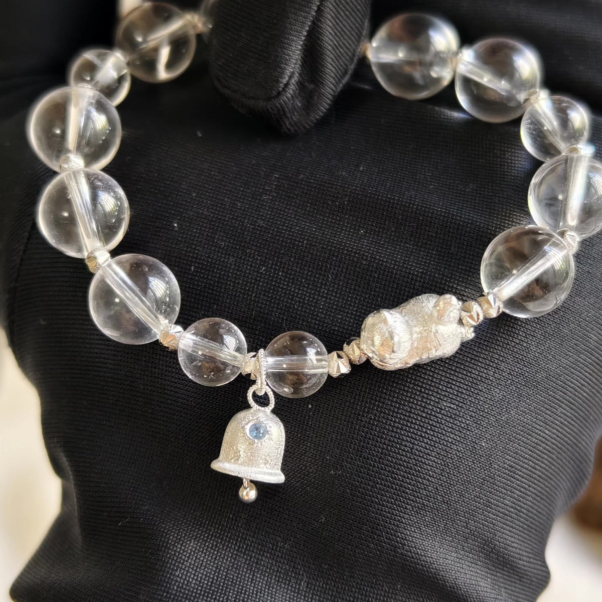 Clear Quartz Silver Cat Beaded Bracelet