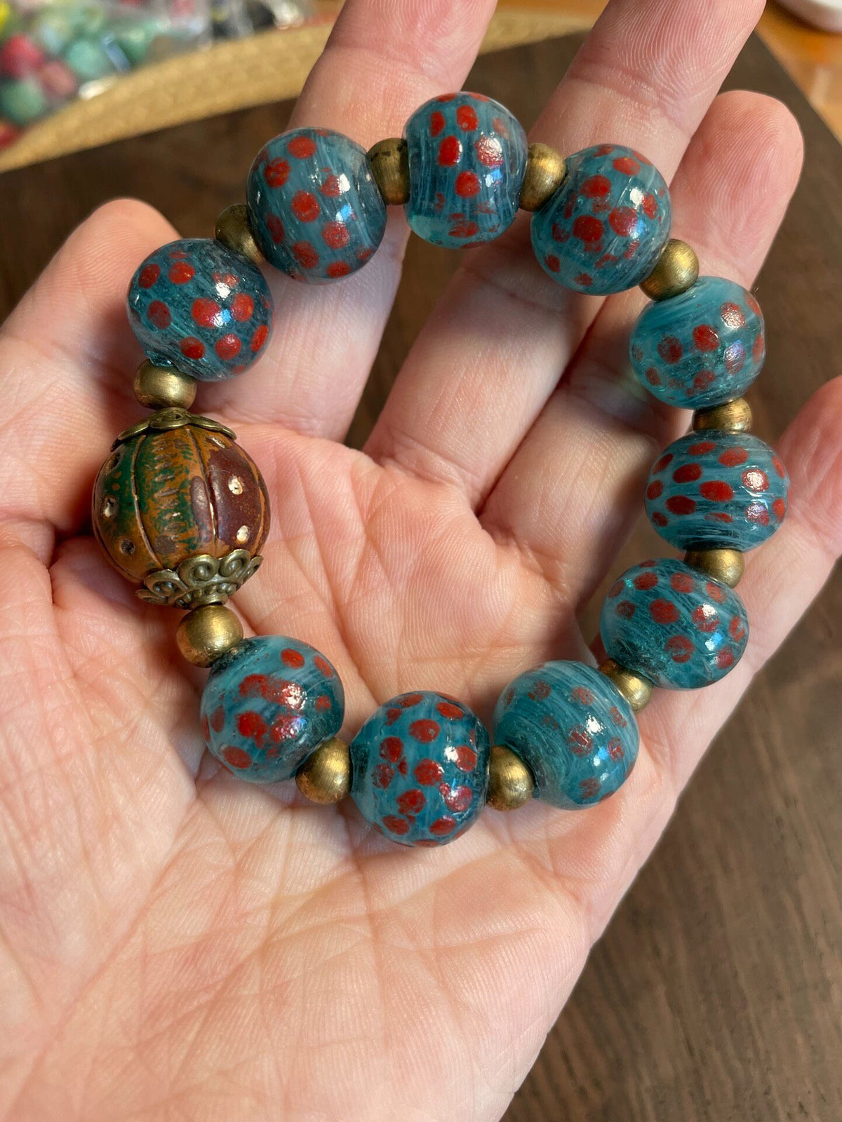 Turquoise Millefiori Glass and African Clay Beaded Bracelet