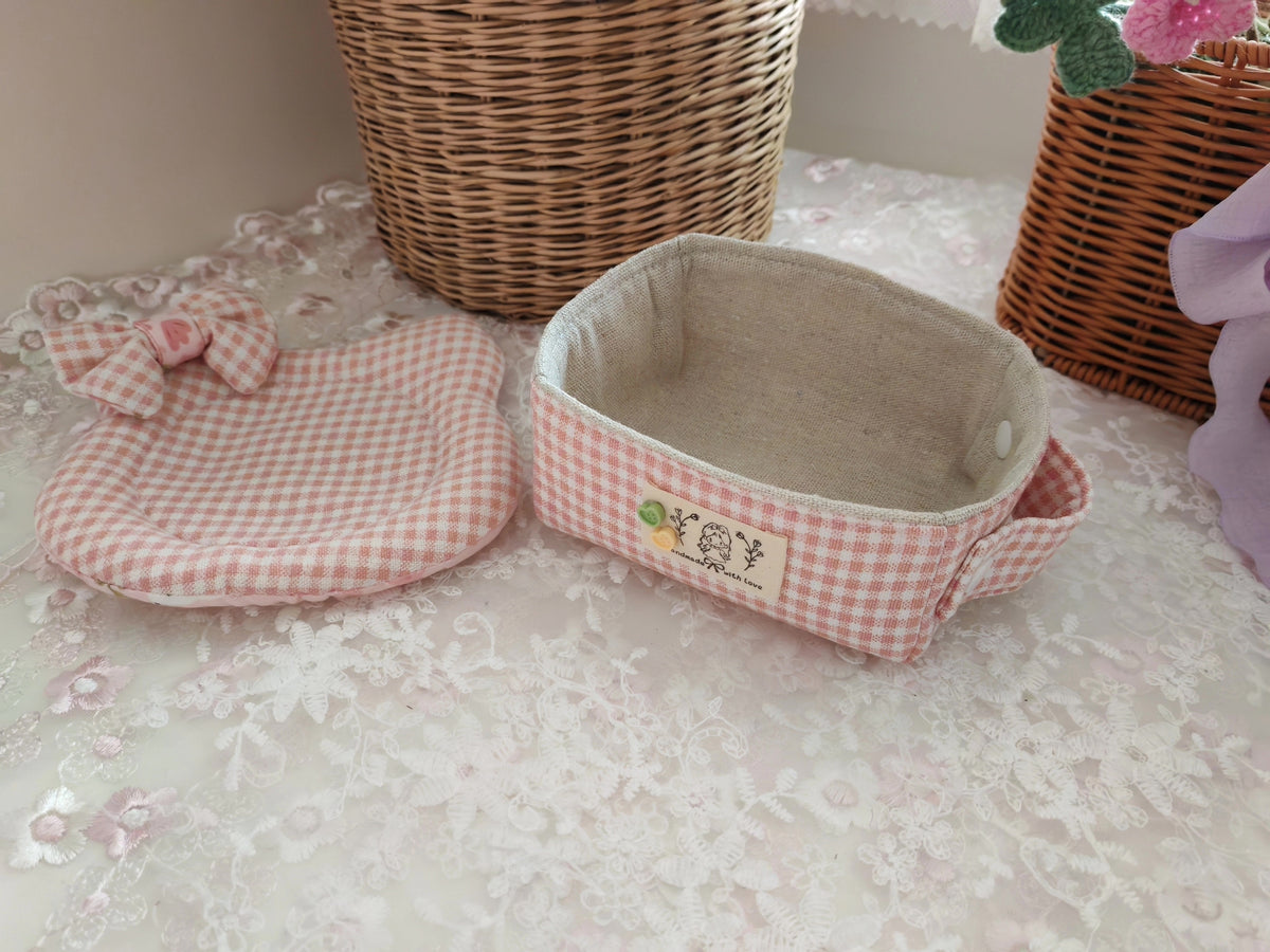 Conjunto de cesta y posavasos de algodón a cuadros rosa