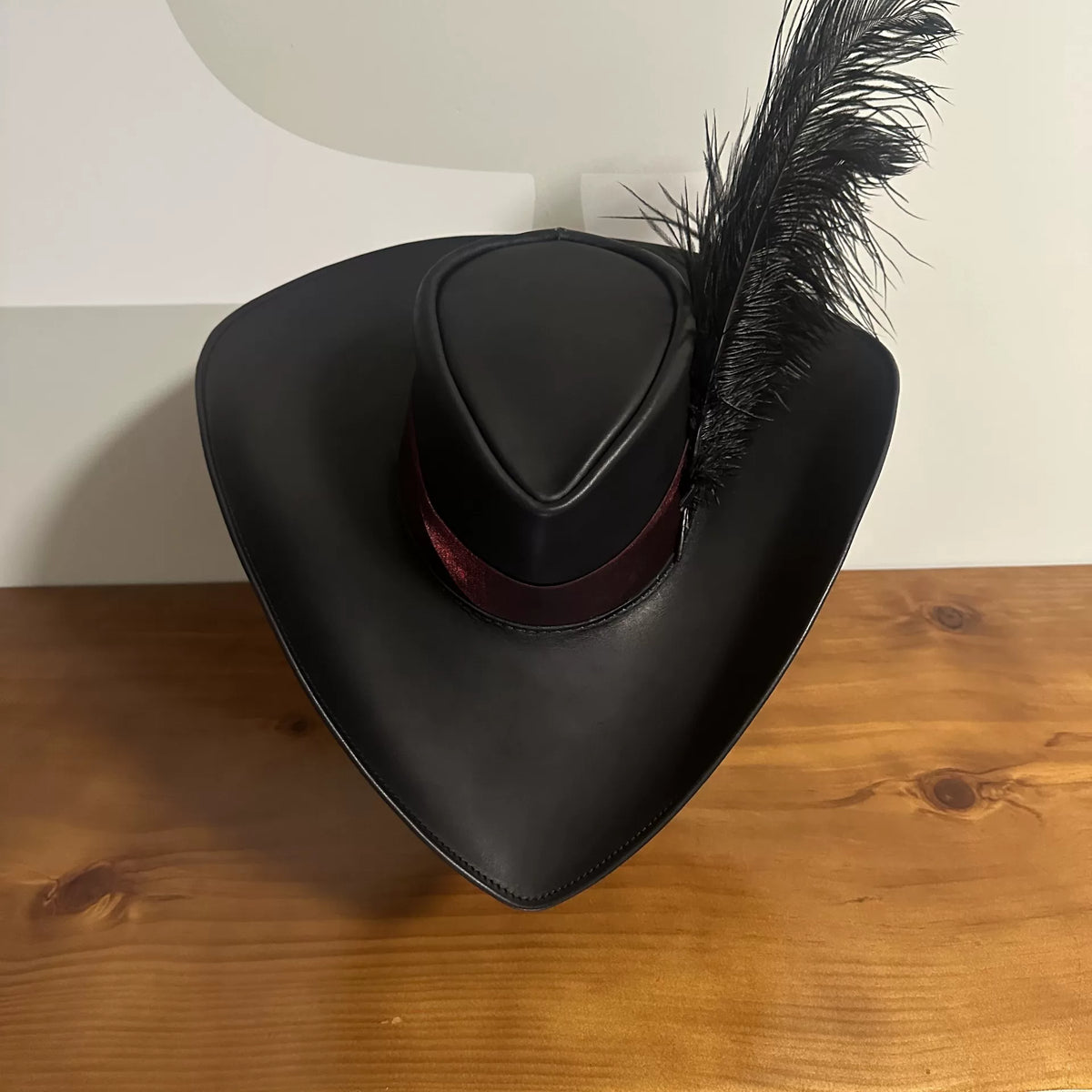 Handmade Black Leather Cosplay Hat Ostrich Feather