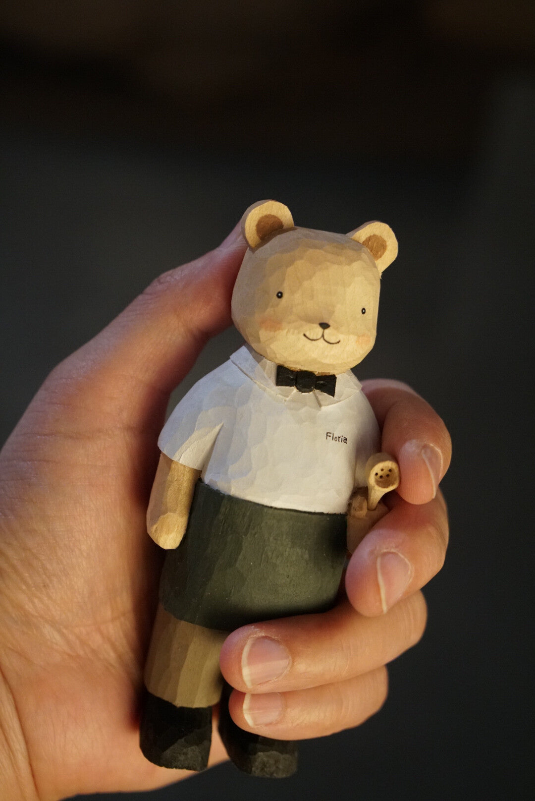 Handcrafted Beech Wood Barista Bear Figurine