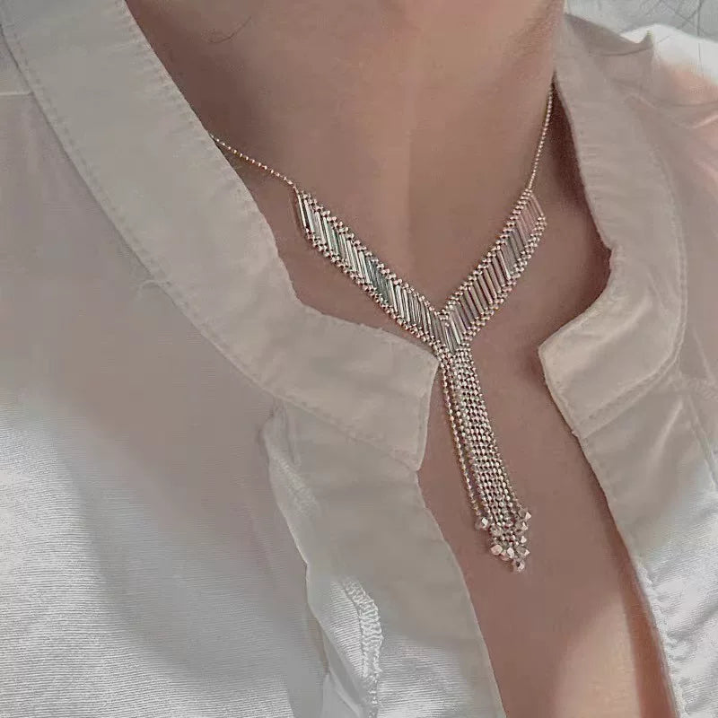 S925 Silver V Fringe Evening Necklace