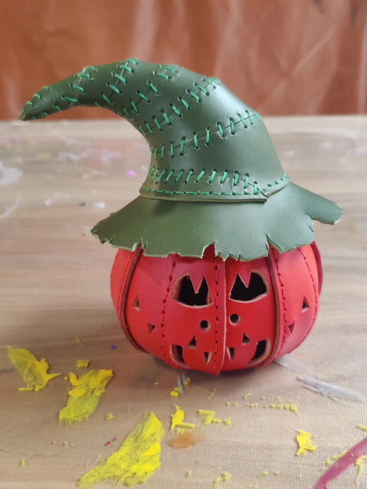 Orange Leather Pumpkin Container with Witch Hat