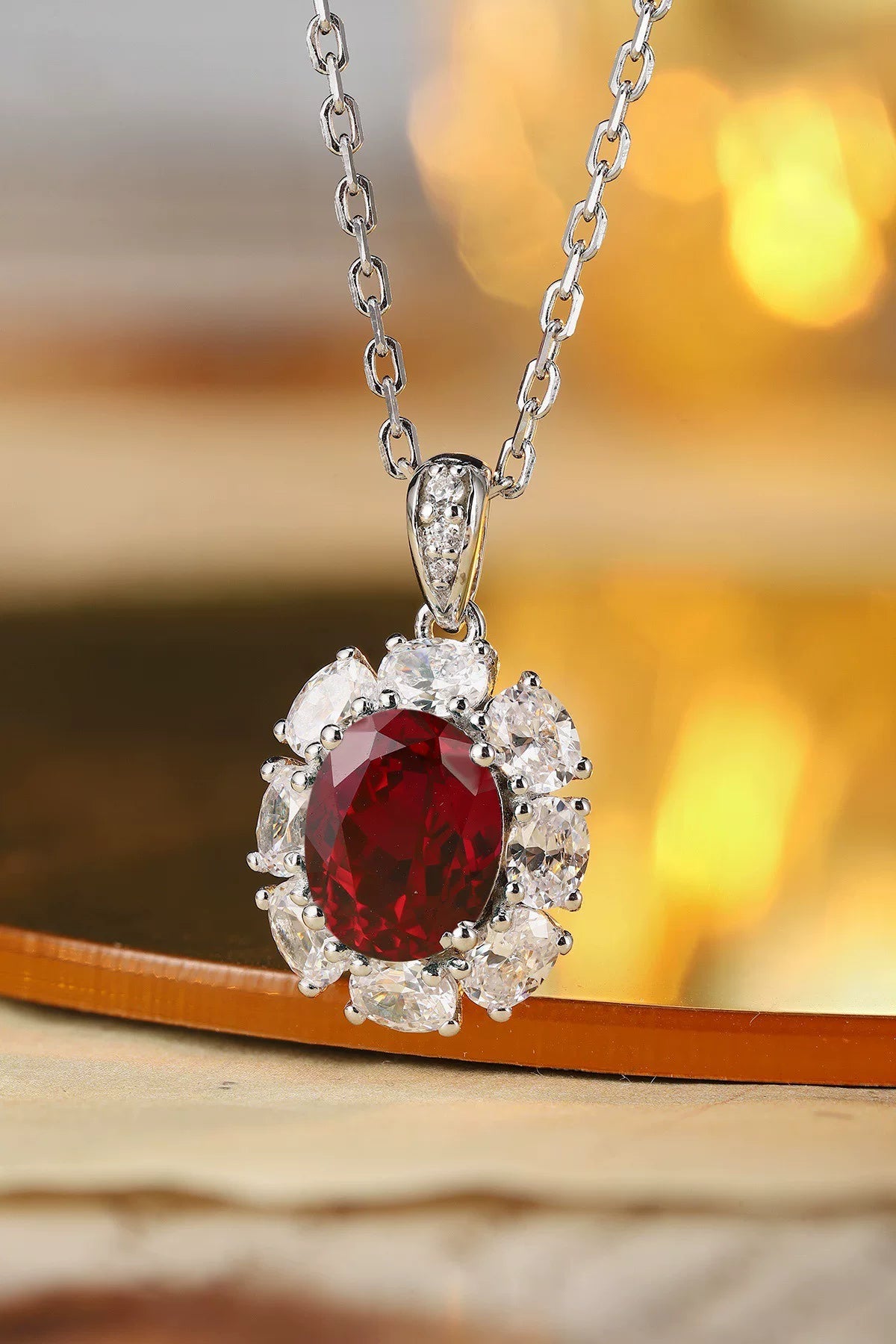 Lab Grown Ruby Halo S925 Silver Necklace