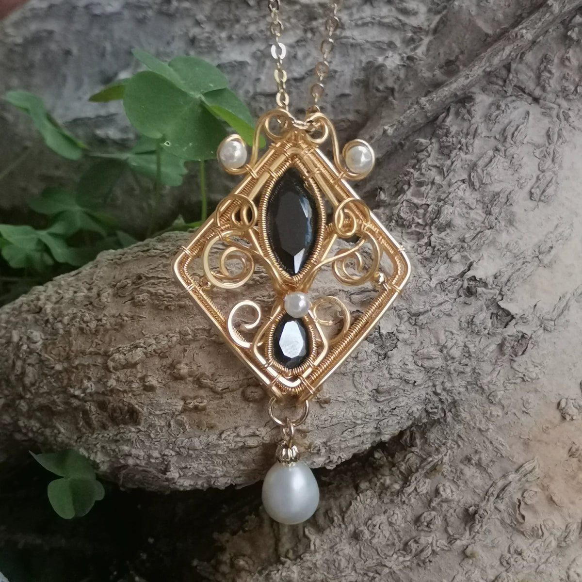 Wire Wrapped Black Zircon Pearl Pendant
