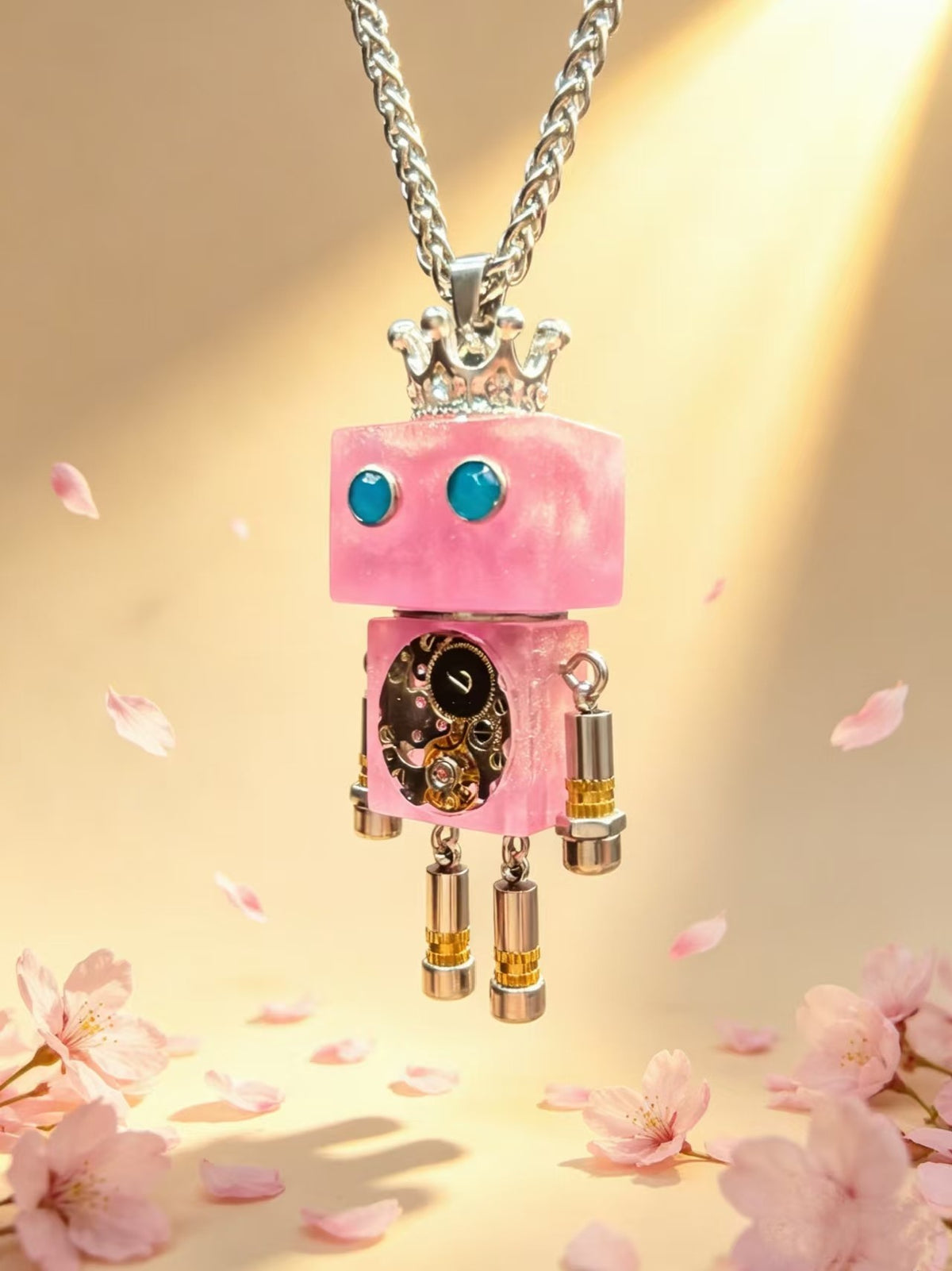Pink Robot Crown Necklace Handmade Mechanical Pendant