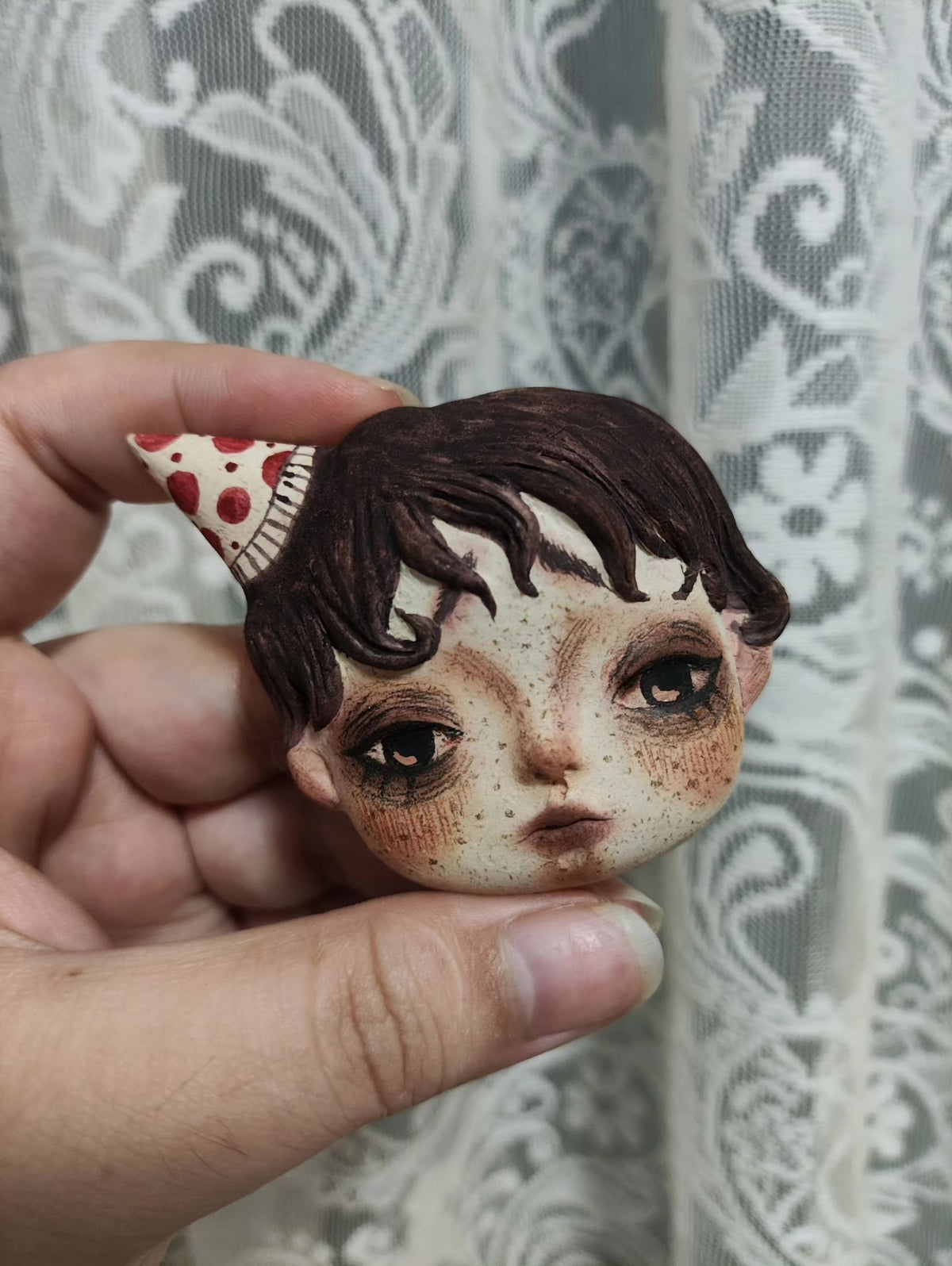 Stone Plastic Clay Doll Head Brooch Magnet