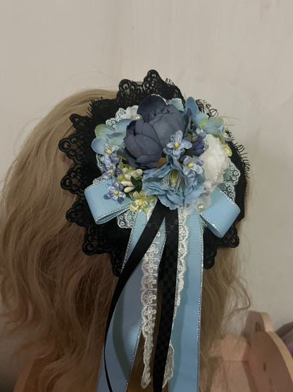 Handmade Lolita Blue-Black Flower Clip Brooch Two-Way Accessory