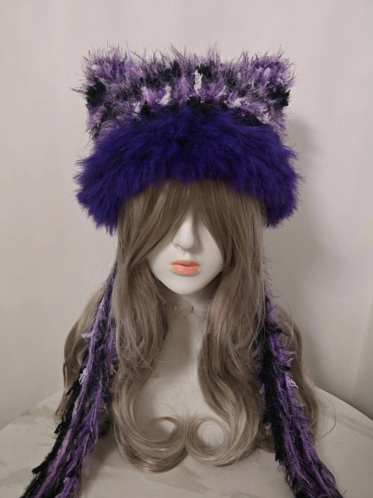 Black and Purple Cat Ear Hat with Detachable Tassels