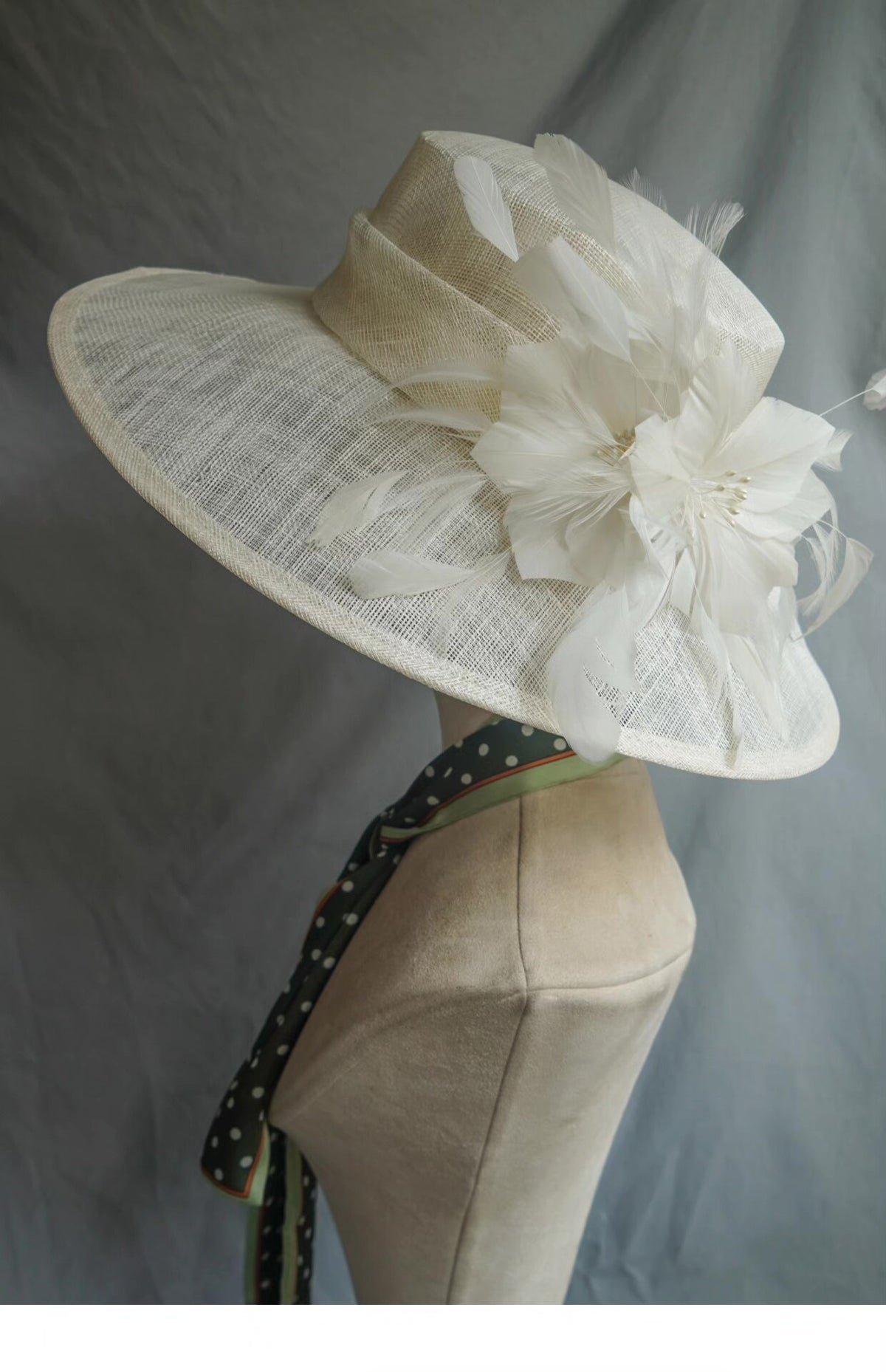 White Linen Gauze Sun Hat with Feathers