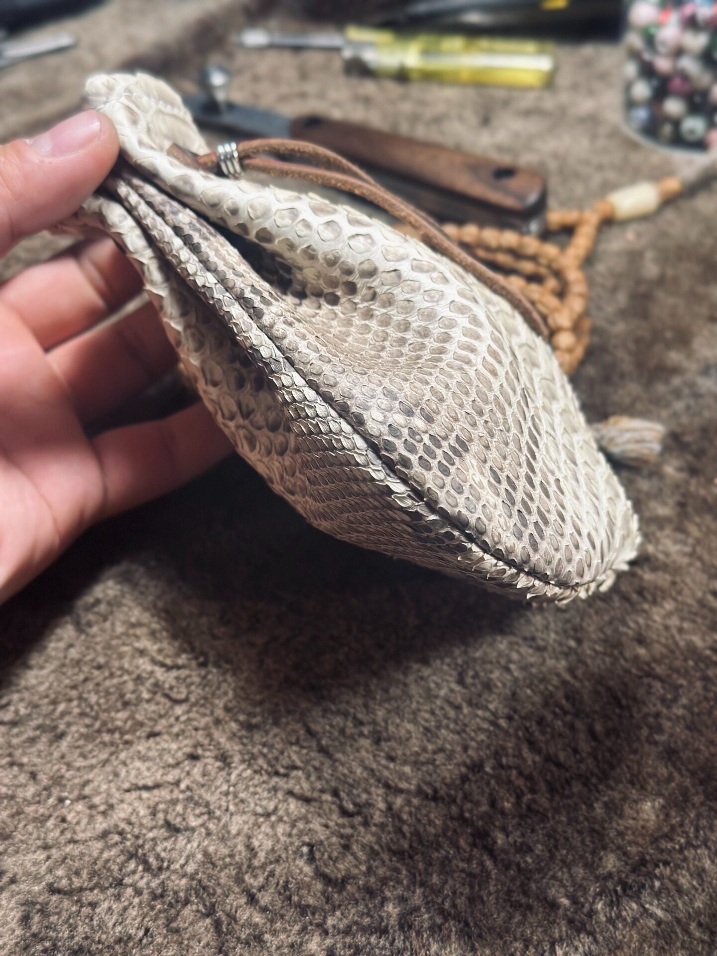 Handmade Leather Dragon Scale Pouch with Drawstring Closure