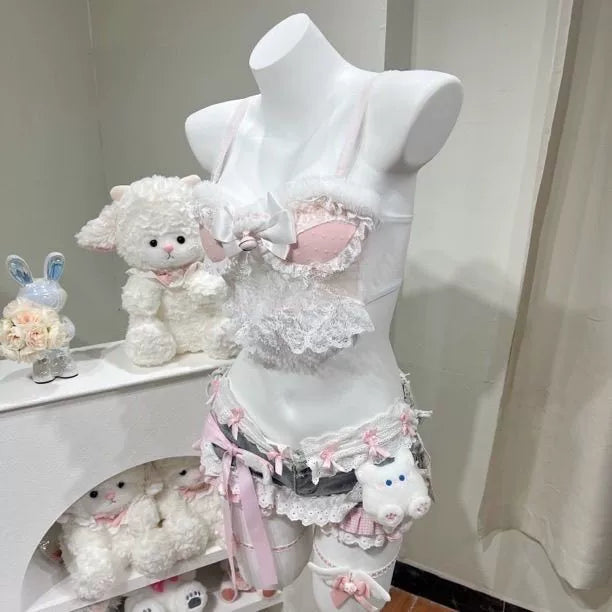 Pink White Plush Bunny Girl Costume Set